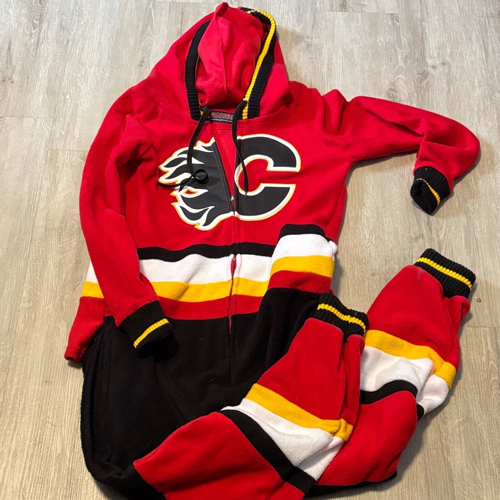 Hockey Sockey Women's Calgary Flames Red and‎ Black Hooded Jumpsuit